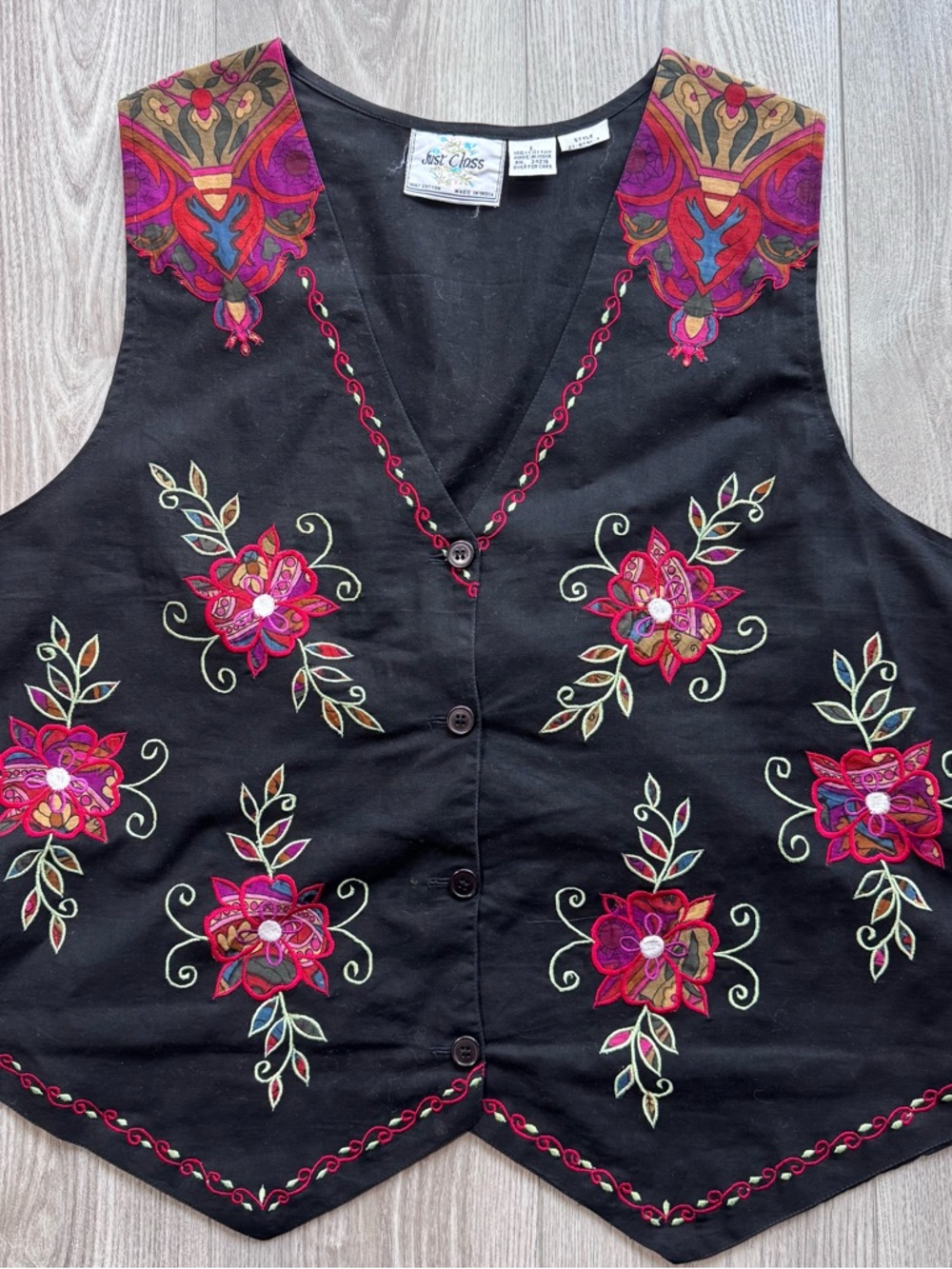 Just Clesse Black Embroidered Floral V-Neck Vest